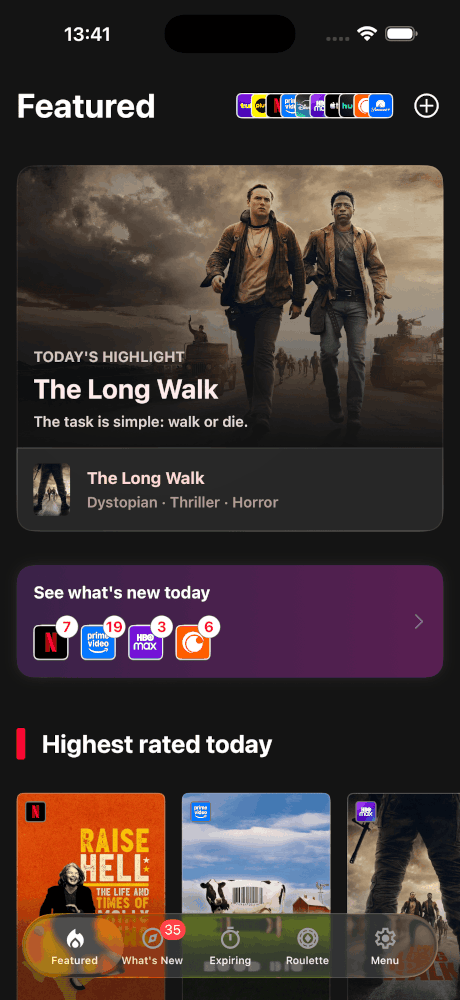 Écran d'accueil d'Upflix avec le coup de cœur du jour, un compteur quotidien de sorties par service de streaming et les titres les mieux notés du jour