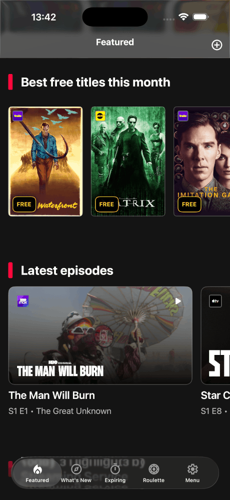 Section Upflix avec les meilleurs films gratuits du mois et les épisodes les plus récents