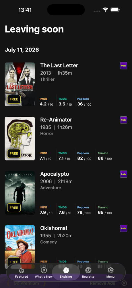 Écran Upflix listant les films sur le point de quitter les services de streaming, y compris les titres gratuits