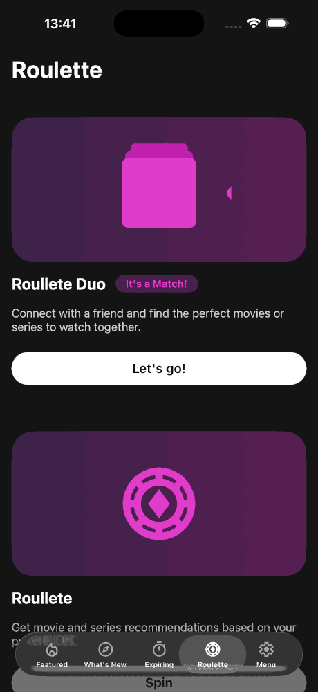 Écran Roulette Duo d'Upflix pour trouver un film en commun, façon Tinder