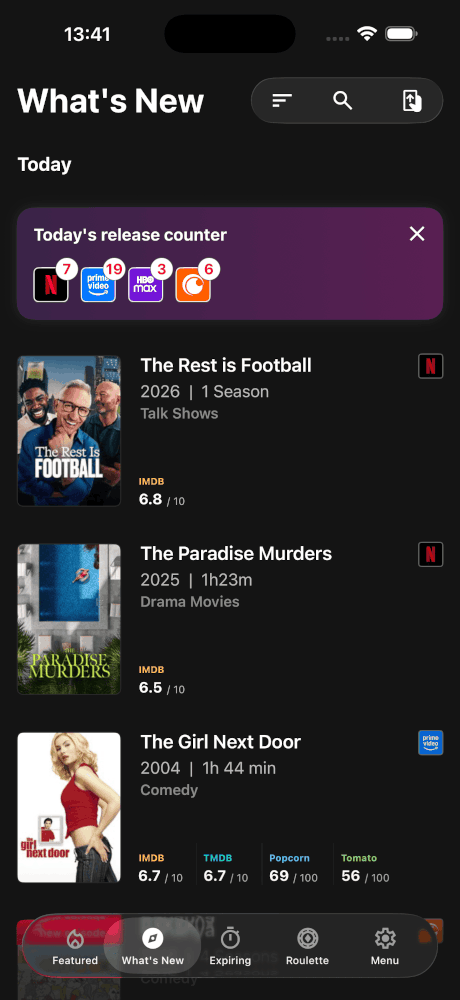 Fil des nouveautés Upflix listant les sorties streaming du jour avec les notes IMDb et TMDB